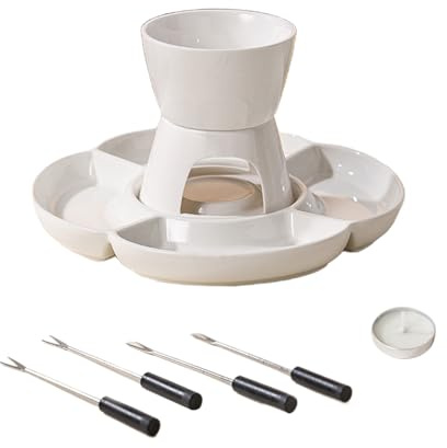Ostfondueset – 16 cm smältgryta i, handgjord gaffel och basbricka, uppvärmd bordsskiva, fonduefat, hållbar keramisk konstruktion, elegant kompakt design | för chokladostgodis