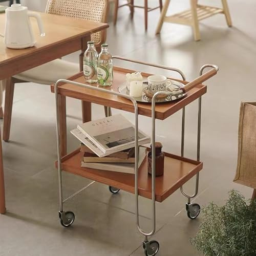 Carrello Bar Mobile in Ottone a 2 Livelli, Carrello da Portata Industriale per Cucina con Ripiani in Legno, Contenitore Mobile per Sala da Pranzo, Elegante e Funzionale