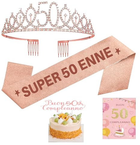 (4 PCS) Fascia Corona Compleanno 40 50 60 70 80 Anni con Biglietto Topper Torta Regalo Decorazioni Addobbi Compleanno Donna
