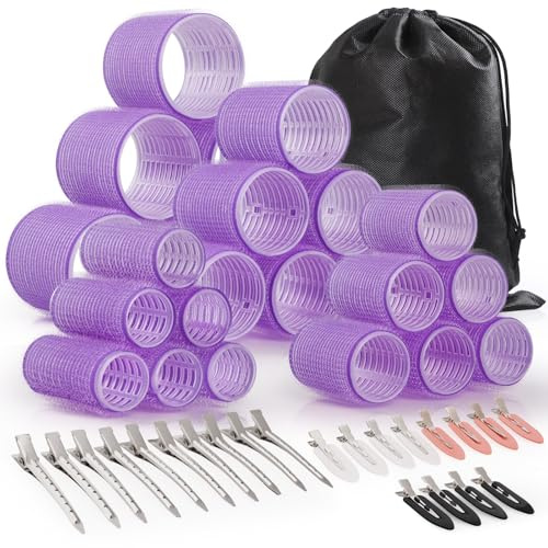 Rulos Pelo Grandes Autoadhesivas 48 Piezas,Wyngee Incluye 24 rulos autoadhesivos 12 horquillas 12 pinzas para separar el cabello y estuche de almacenamiento Rizadores sin calor para dar volumen, ondas