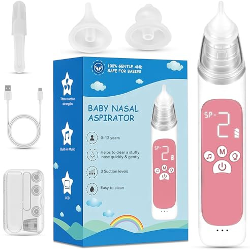Electric Baby Nasal Aspirator Rechargeable, Baby Nose Cleaner, Baby Nose Sucker Vacuum Cleaner, with 3 Silicone Nozzles and 3 Suction Levels, Pink