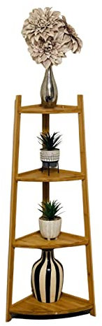 raxter 4 Tier Corner Shelf Unit Multipurpose Bamboo Ladder Shelf, Industrial Tall Bookcase Storage Shelving Unit for Kitchen, Bathroom, Bedroom, Office & Living room Rustic Bookshelf Rack