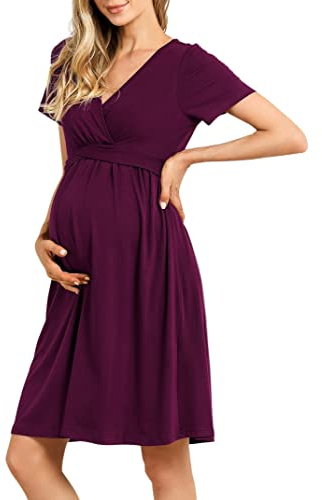 KOJOOIN Vestido de maternidad para mujer, cuello en V, vestido de lactancia informal plisado, vestido de maternidad (embalaje MULTIVA), Borgoña (manga corta), XL