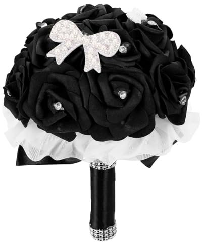 Abaodam Bouquet de Mariée de Mariage Bouquet de Demoiselle D' Honneur Romantique de Fleurs de Rose Artificielle avec Rubans pour L' église de Mariage Noir