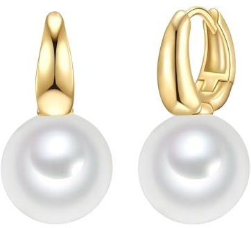 Rafaela Donata Damen Creolen aus 925/- Sterling Silber gelbvergoldet mit Rund Muschelkernperle 12 mm weiß - Klappcreolen Perlencreolen Gelbgold