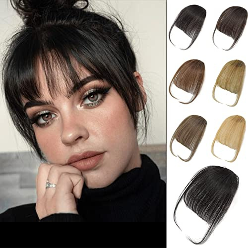 GHDXIWEYU 100% Human Hair Clip in Bangs,Women Air Thinning Curtain Flat Natural Black Bangs, Natural Curved Wispy Bangs,Real Human Hair Faux fake Bangs(Wispy Bangs,Natural Black)