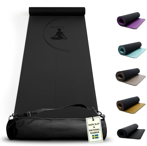 Zeesa Na Premium Yogamatta Halkfri, Hot Yoga Mat med Yogamatta Väska, Hållbar Vegan Träningsmatta i Naturgummi, 4mm Tunn Yoga Matta med Enastående Dämpning - Även för Pilates och Bikram, 183 x 61 cm