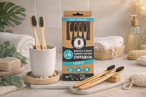 Brosse à Dent Bambou Naturel Charbon - Pack Familial 4 Brosses à Dents Souples pour Enfant et Adulte - Soin Dentaire, Lave les Dents en Profondeur, Poil en Huile de Ricin, Facile à Prendre en Main