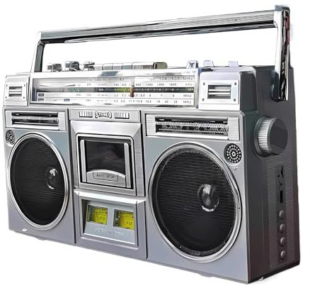 Boombox cassette rétro style années 80 avec radio AM/FM, Bluetooth et entrée USB/SD – Convertissez les cassettes en USB/SD – Couleur argent