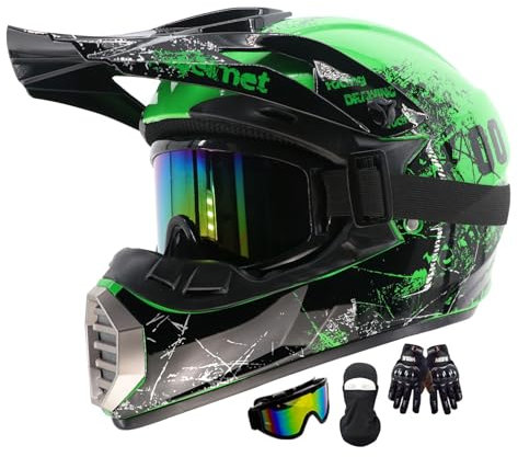 Motocross Helm Kinder, MTB Helm Fullface Kinder, Erwachsene Dirt Bike Offroad Motorradhelm Integralhelm Crosshelm Helm, Für Mountainbike ATV BMX Downhill Offroad, Mit Brille Handschuhe(Color:Green,Siz