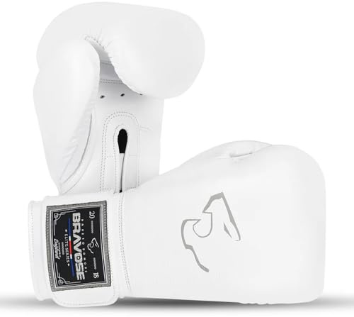 BRAVOSE Elite Pro Strap Boxing Gloves | Professional Leather Boxing Gloves for Punching Training, Sparring, MMA Kickboxing, Muay Thai Made By Premium Cow Hide Leather (White Grey, 14 Oz)
