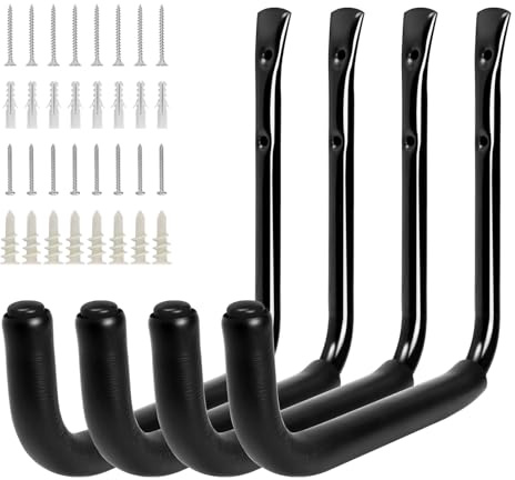 KURUI 10 Garage Organization Wall Hooks, 66 LB Heavy Duty Water Hose Holder for Hanging Ladder Extension Cord Garden Tool Cable, 4 Pcs, Black