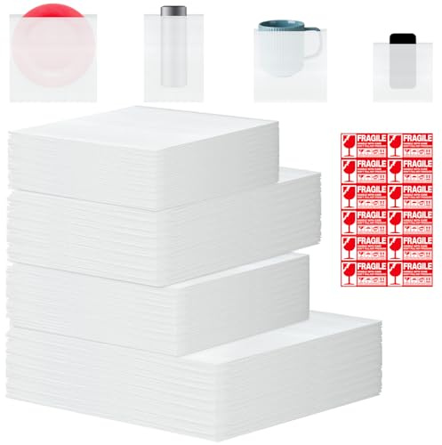 Juego de 300 fundas de embalaje para platos para mudanzas, bolsas de espuma con hoja de etiquetas frágiles, 4 tamaños, material de envoltura de cojín para transporte, suministros de mudanza, platos de