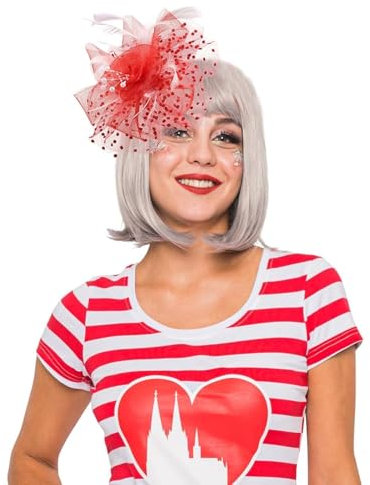 BOFUNX Damen Fascinator Hut Blume mit Rot Schleier Federn Blumen Mesh Stirnband Clip Kopfschmuck für Party Kirche Cocktail Fasching Karneval