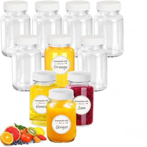 Neuytiky 10 Pezzi Bottigliette di Vetro Piccole 60ml con Coperchio,Mini Bottiglie Vetro Vasetti,Piccole Bottiglie di Vetro Trasparente, Riutilizzabili,per Zenzero,Succo,Pozioni,Liquidi