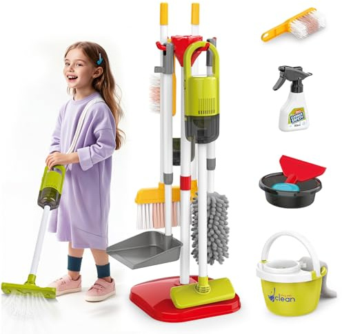 Kit de Nettoyage pour Enfants ,Menage Enfant Aspirateur Enfant Jouet, pour Les Tout Petits avec Balai Vadrouille Plumeau Pelle Brosses Chiffon,Nettoyage et ménage Jouets De Cadeau 3 Ans+ (Rouge)