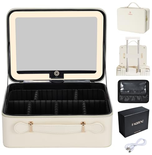 Grande trousse de maquillage avec miroir LED - Miroir lumineux amovible - En cuir synthétique - Portable - Avec séparateurs - Support pour pinceaux de maquillage - Blanc