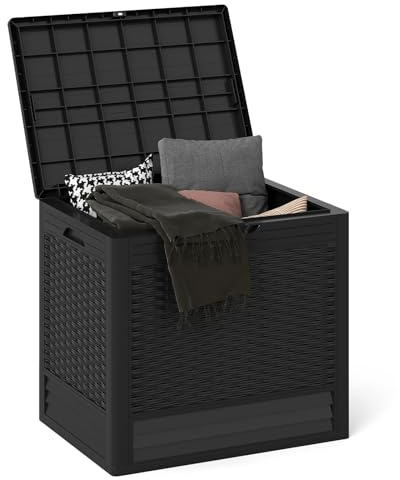 GIANTEX Baúl de Almacenamiento de 96 L, Arcón Impermeable con Tapa, Aspacto de Imitación de Ratán, 58 x 43,5 x 53 cm, Contenedor Organizador para Jardín, Patio, Balcón (Negro)