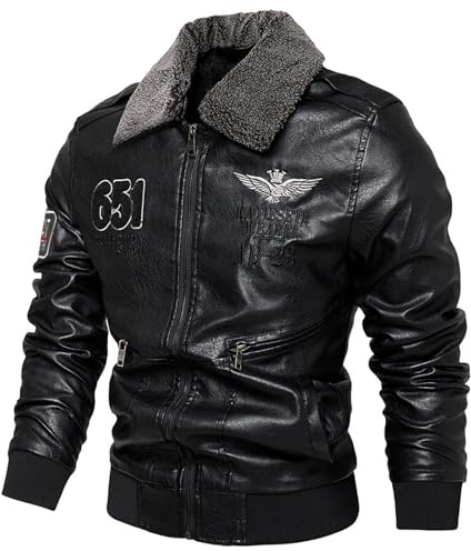 Generisch Veste d'aviateur pour homme, aspect cuir avec col en fourrure chaude, veste de pilote doublée avec broderies et patchs | Veste bomber robuste de style militaire pour l'automne et l'hiver, M