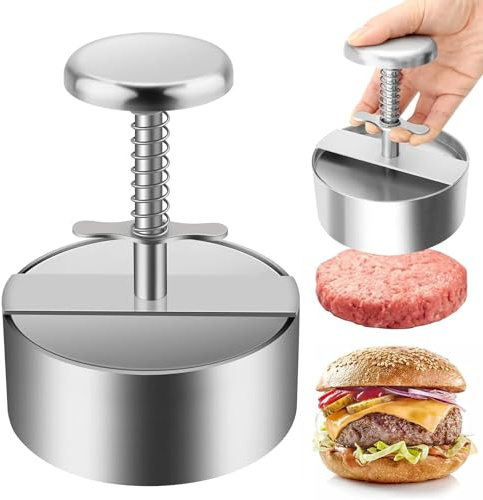 GREATRICH Aplastador de Prensas Hamburguesas, 14cm Molde Hamburguesas Caseras y Smash Burger Kit de Acero Inoxidable 304, XXL Prensador de Hamburguesas con Muelle y Desmontable, Apto Lavavajillas