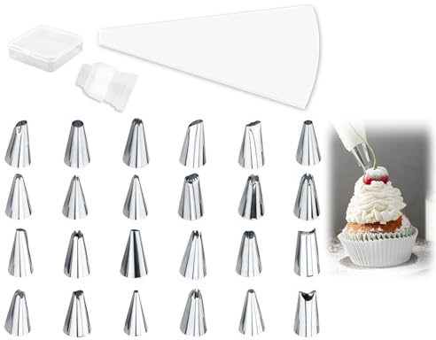 26PCS Piping Bags and Nozzles Set, Silicone Piping Bags with 25 Stainless Steel Nozzles and Coupler, DIY Cake Decoration Tools, Reusable Icing Bag, for Cake Decorating, Pastries and Cupcakes