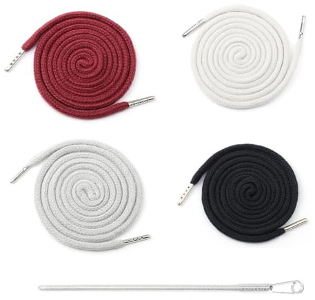 UZYXC Set de Cordones para Sudadera con Capucha & Pantalón de Chándal (4x1.3m en Negro/Burdeos/Gris Claro/Blanco) – Cinta de Algodón con Punta Metálica y Aguja GRATIS – Cordón Universal de Repuesto
