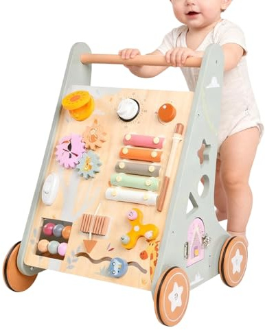 Kid Wooden Walker – Adjustable Handle Quiet Toy | Push Walker for Learning to Walk, Childrens, Children, Boys, Girls, Indoor Play, Classroom, Montessorii, Early Walking Practice