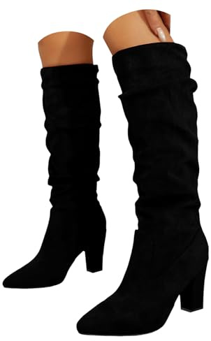 Bottes molles en daim pour femme à talon bloc – Bottes d'hiver froncées antidérapantes à talon épais pour le travail, les fêtes, l'automne et l'hiver, Noir , 39.5 EU
