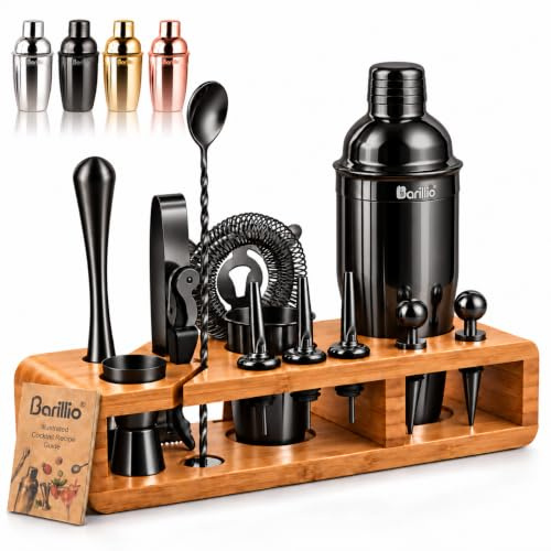 Barillio Black Bartender Kit - Stainless-Steel Cocktail Shaker Set w/Bamboo Stand - Mixology Bar Tools w/Drink Shaker, Mixer Spoon & Muddler for Cocktails - Home Bar Accessories - 23-Pc Bar Set