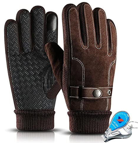 LassZone Mens Winter Gloves Thick Fleece Lined Leather Gloves Windproof Touchscreen Glove Cold-Resistant Thermal Mittens for Running Driving Cycling Hiking
