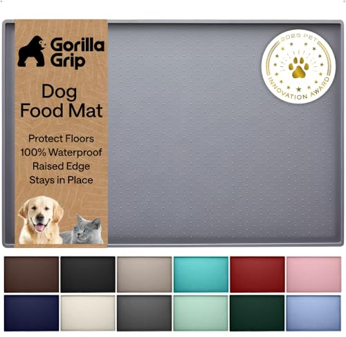 GORILLA GRIP 100% Waterproof Raised Edge BPA Free Silicone Pet Feeding Mat, Dog Cat Food Mats Contain Spills Protects Floors, Placemats for Cats and Dogs Water Bowl, 18.5x11.5, Gray