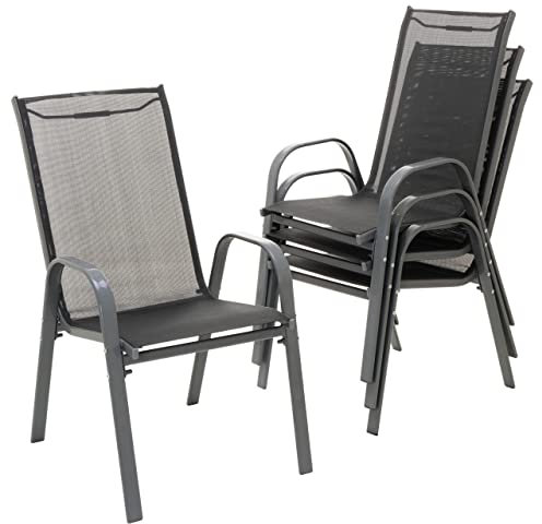 Nexos 4er Set Stapelstuhl aus Textilene + Stahl – Farbe: Rahmen anthrazit/Bespannung schwarz