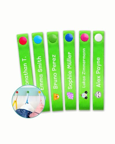 6 Cintas para Colgar Ropa sin Coser. Colgadores Personalizados con Nombre para Colgar Chaquetas y Batas de los niños en el Cole y guardería. Etiquetas de Tela con botón.