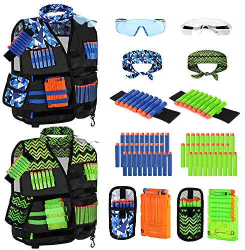 Lehoo Castle 2er Taktische Weste Jacke Set für Nerf Guns N-Strike Elite, Taktische Weste für Kinder, mit 60 Darts, 2 Brille, 2 Schnell Nachladen Clips, 2 Maske und 2 Armbände