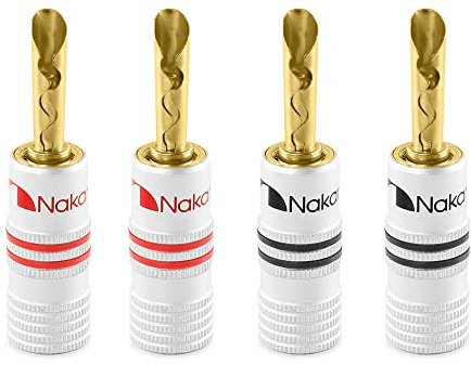 Nakamichi 24K vergoldeter Bananenstecker 12 AWG - 18 AWG Gauge Größe 4mm für Lautsprecher Verstärker Hi-Fi AV Receiver Stereo Heimkino Audiokabel Stecker BFA Stecker, 4 Stück (2-Paar)