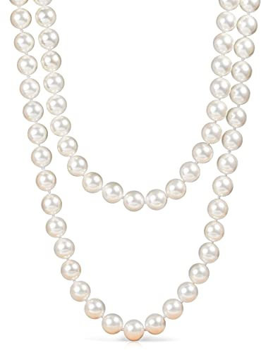 ZAVANA Lange Perlenkette für Damen, 140 cm lange Perlenketten für Frauen mit weißen Muschelperlen, Perlen Schmuck mit Schmucketui