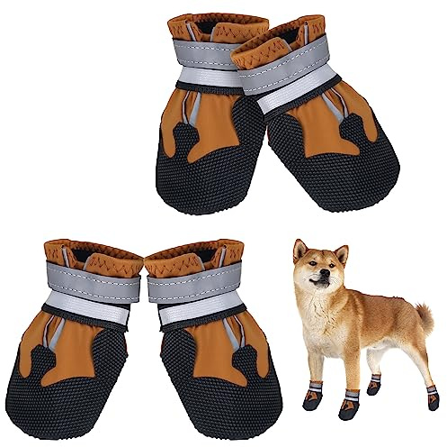 Avvrel Botas para Perros, Juego de 4 Zapatos Impermeables con Correas Reflectantes Ajustables y Suela Antideslizante para Pequeños, Medianos y Grandes (Marrón, S)