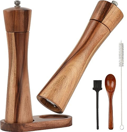 6.5 inch Wood Salt and Pepper Grinder Set, JOYCEMALL Set of 6 Manual Salt and Pepper Grinder with Ceramic Grinding Rotor - Pepper and Salt Mill, Wooden Standing Tray, 2 Cleaning Brushes, Spoon