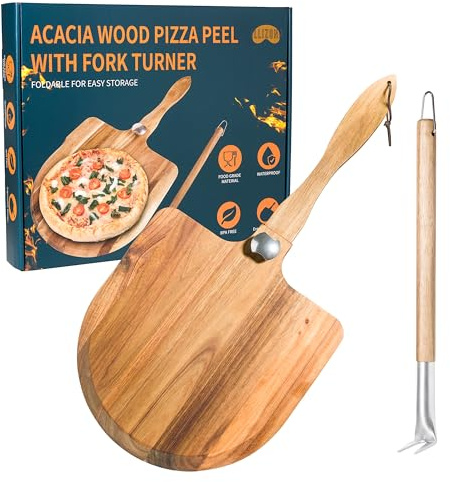 Acacia Wood Pizza Peel & Wooden Paddle Set – Folding Handle Pizza Board with 18″ Turning Fork, Pizza Oven Tools & Accessories for Homemade Pizza, Bread & Baking, Gifts for Pizza Lovers