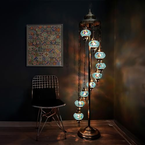 Asylove Turkish Lamp 9 Globe Mosaic Floor Lamp, Standing Lamp Moroccan Floor Lamp for Decorative Home Designs Offer 5 inch Globe - Total Height 70 inch (Turquoise)