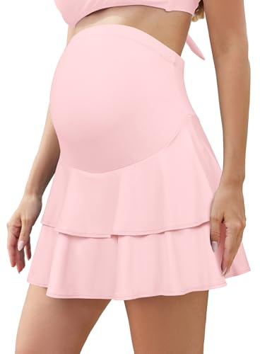 SHEKINI Donne Increspature Vita Alta Premaman Swim Gonna Built-in Pantaloncini con Tasche, Colore: rosa., L