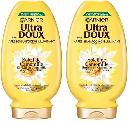 Garnier - Ultra Doux Après-Shampooing Illuminant pour Cheveux Blonds Naturels ou Méchés - Démêle et Adoucit - Camomille et Miel de Fleurs - Sans Silicone - Hommes et Femmes - 250 ml