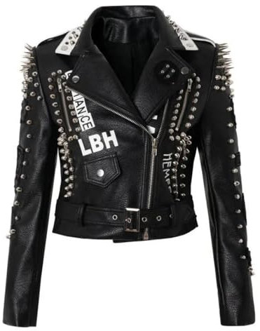 Damen-Lederjacken mit Nieten, Punk, Rock, Nieten, mit Adler-Druck, Biker-Jacken, Schwarz , S