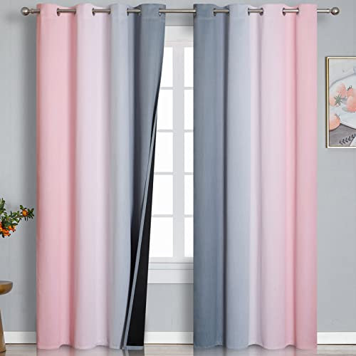 VEHEDE Gradient Blackout Curtains for Living Room and Bedroom, Ombre Thermal Insulated Noise Reduction Eyelet Drapes for Home Decor, W52 x L84 Inch, Pink and Grey, 2 Panels