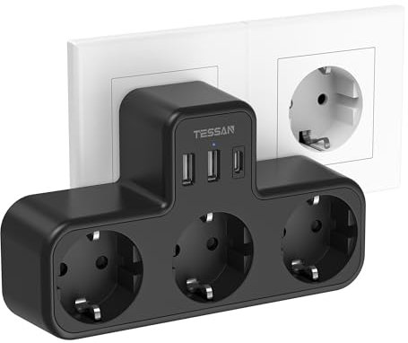 TESSAN Ladron Enchufes con 3 Tomas CA y 3 Puertos USB, 15W Cargador USB C, 6 en 1 Enchufe múltiple en Forma de T, 3600W Regleta Pared Compatibles para Sala de Estar, Dormitorio y Oficina, Negro