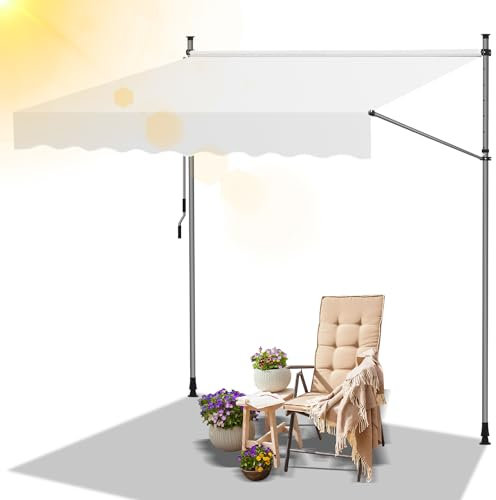 Eikuavons Store à serrage de 250 cm de large avec manivelle, protection solaire sans perçage, résistant aux UV, réglable en hauteur, protection solaire et imperméable, toit de terrasse (laiteux)