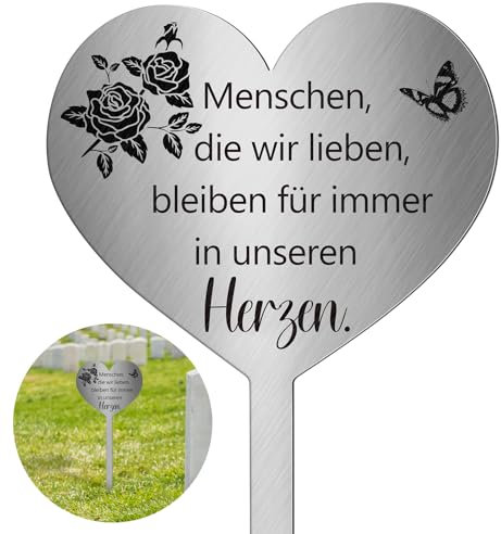 Photect Grabstecker Metall Herz mit Spruch Menschen, Die Wir Lieben Bleiben für Immer in Unseren Herzen Grabdekoration Grabschmuck Wetterfest zum Erinnerung Andenken Dekoherz Trauer