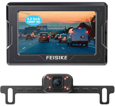 FEISIKE Backup Camera, 1080P IR Night Vision with Monitor, Easy Setup Plug-Play Rear View Camera, 150 Degrees Wide Angle, IP68 Waterproof, 4.3 Display for Car Truck SUV