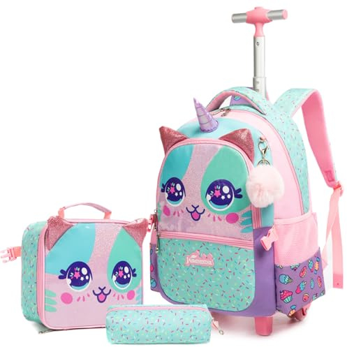 Egchescebo Kids Rolling Animal Backpack for Girls Trolley Suitcases Luggage Travel with Wheels Bookbag Wheeled 17 3PCS Roller Backpacks Set Toddler Back Pack School Bags for Elementary Pink