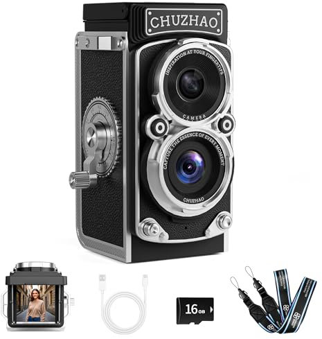 CHUZHAO - Mini fotocamera digitale retrò, stile TLR vintage, punto e scatta, con messa a fuoco automatica, compatta e portatile, scheda da 16 GB inclusa, ideale per principianti, adolescenti, bambini